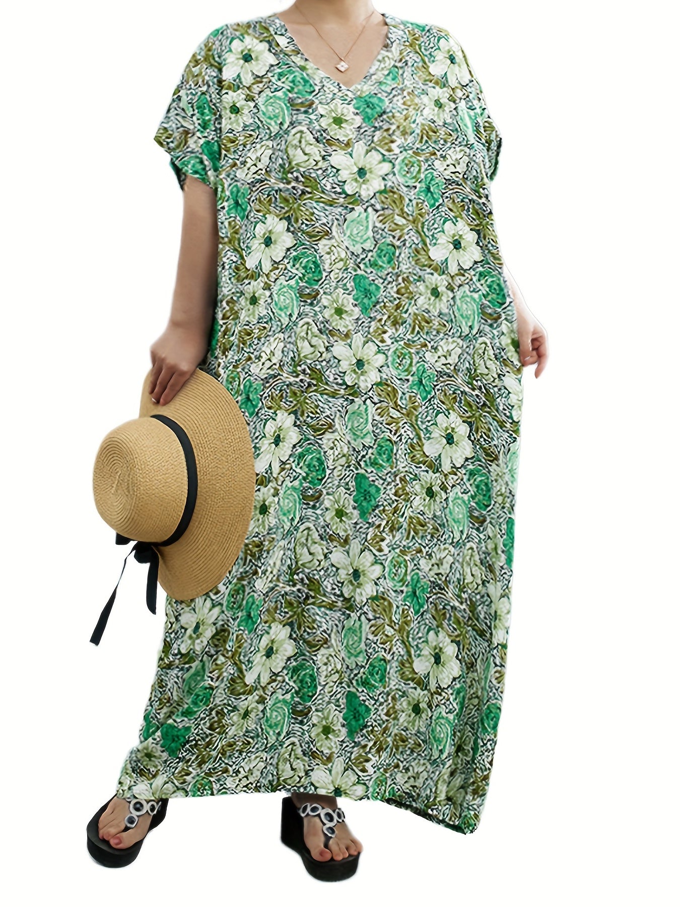  Floral Print Tank Dress V Neck Sleeveless Casual with Pockets