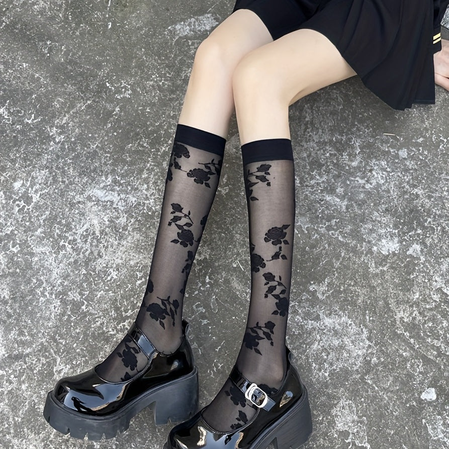 Floral Pattern Mesh Calf Socks Sheer Knee High Stockings