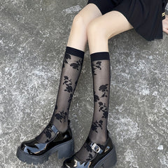 Floral Pattern Mesh Calf Socks Sheer Knee High Stockings