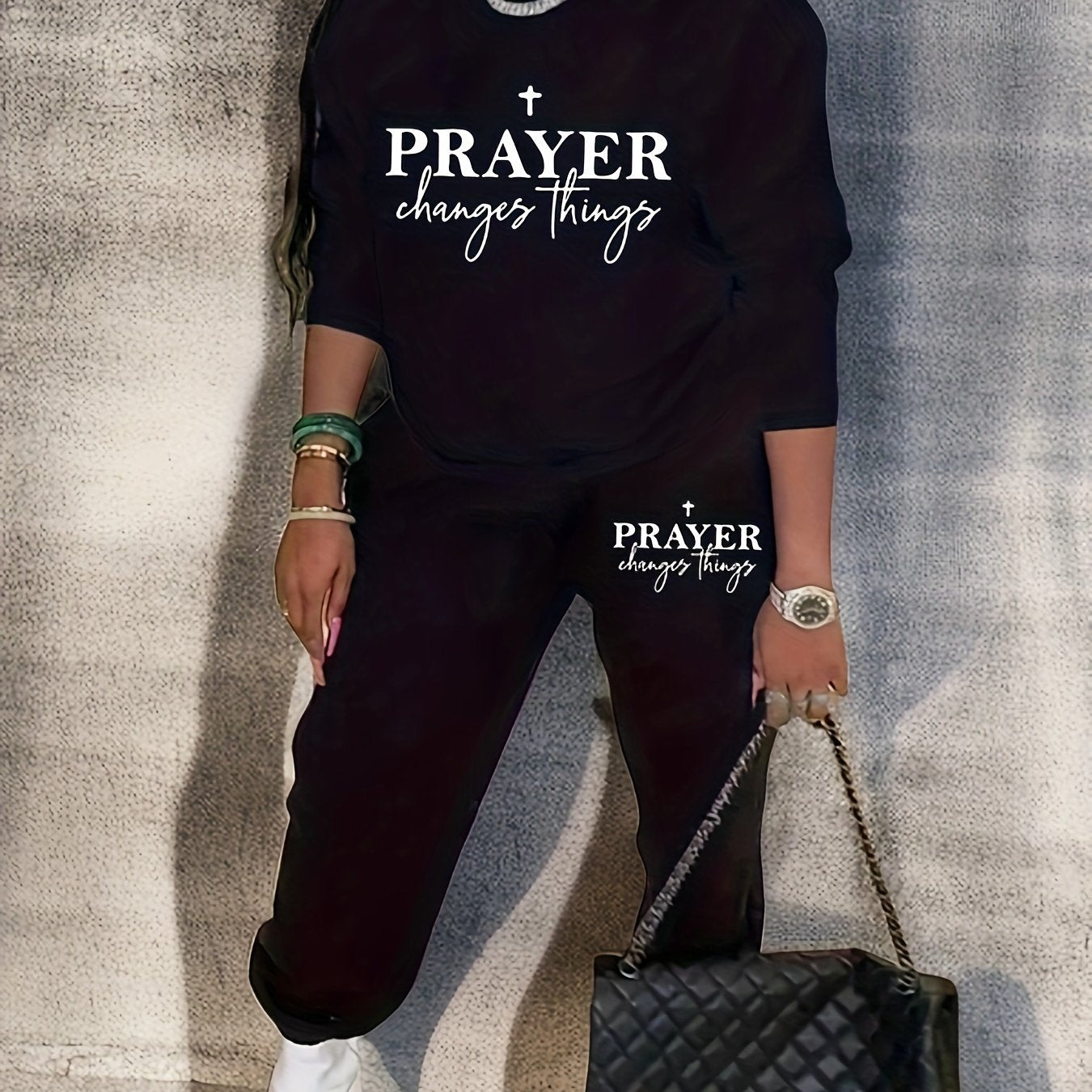Women's Plus Cross & Slogan Print Fleece Sweatshirt & Jogger Sweatpants Set