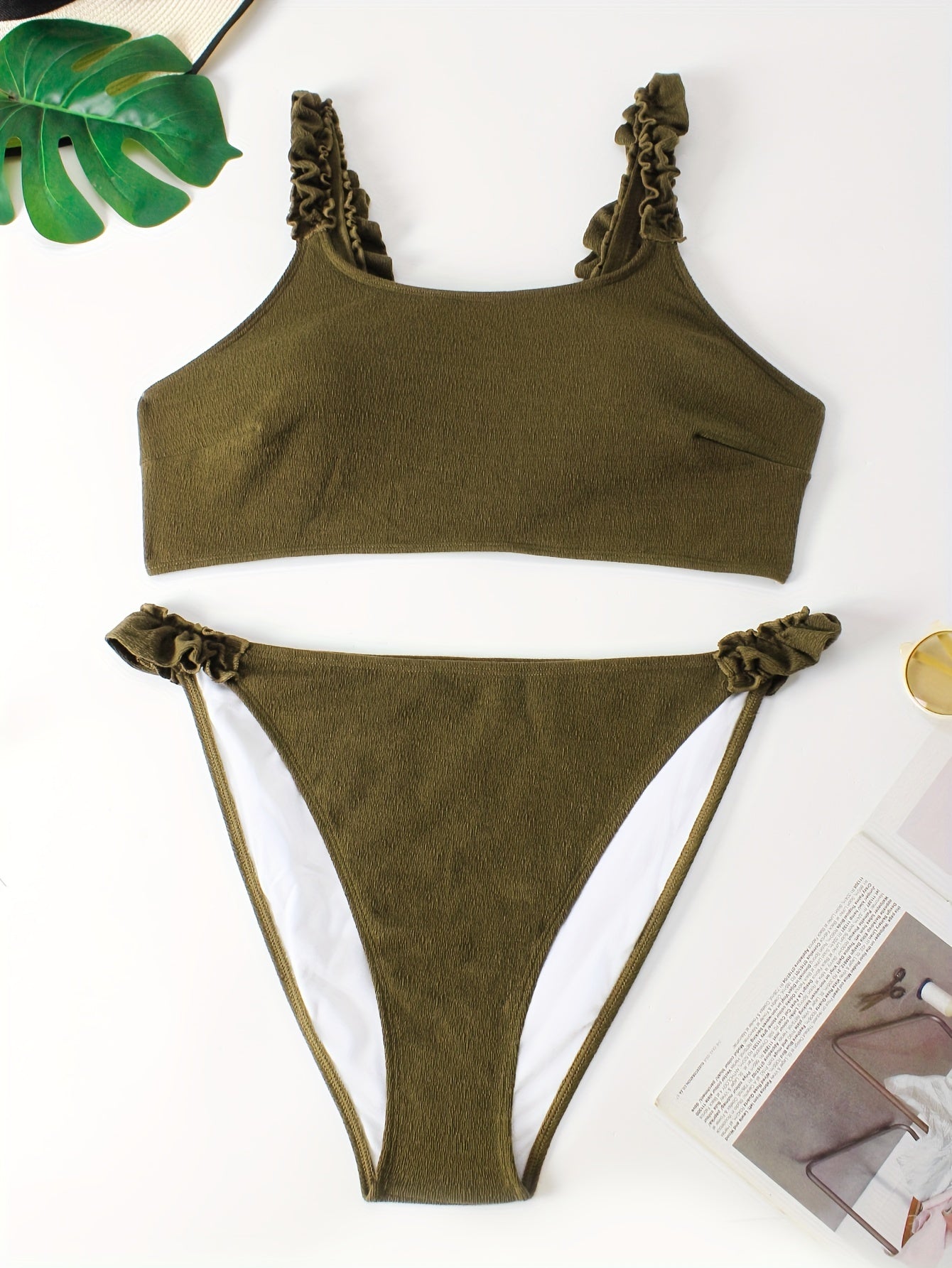  Vacay Bikini Set Plain Frill Trim Padded Bra & Panty Swimsuit