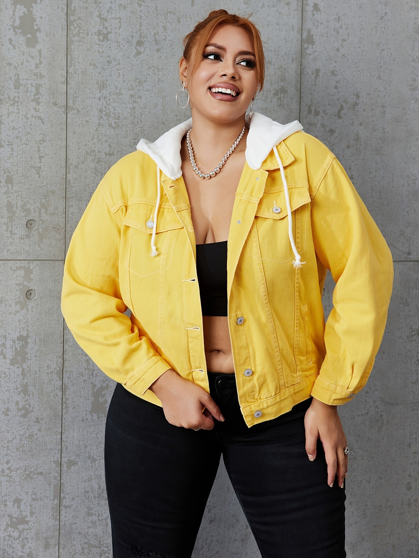  Hooded Denim Jacket Button Up Long Sleeve