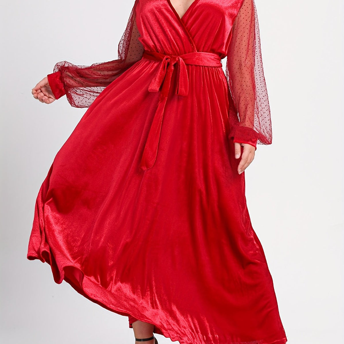  Sexy Dress Women's Solid Mesh Dot Lantern Sleeve Maxi Dress
