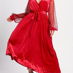  Sexy Dress Women's Solid Mesh Dot Lantern Sleeve Maxi Dress