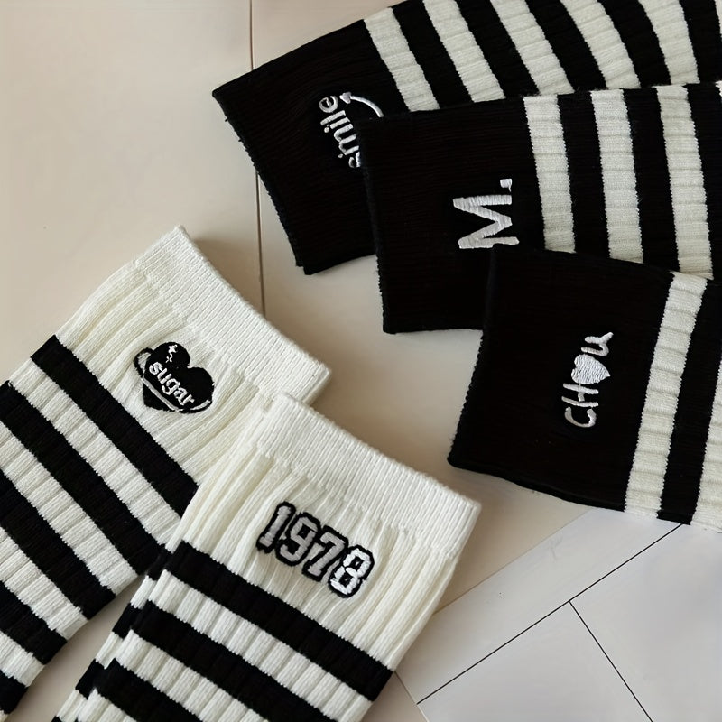 5 Pairs Striped Crew Socks Women's Stockings & Hosiery