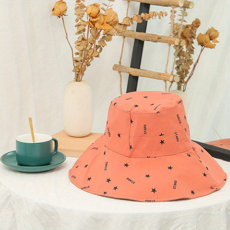 Star Print Bucket Hat Wide Brim Sunshade UV Protection Casual Travel Beach Hats