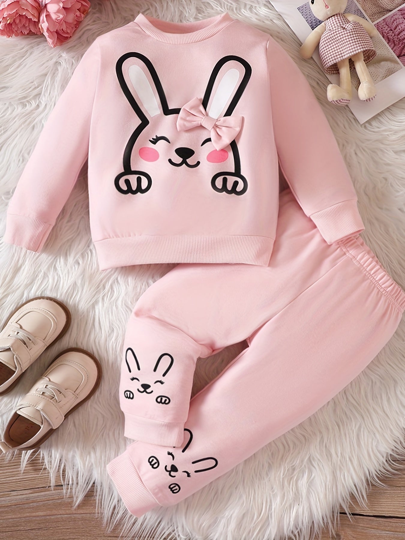 Casual Rabbit Print Little Girls 2pcs Set Long Sleeve Top Trousers