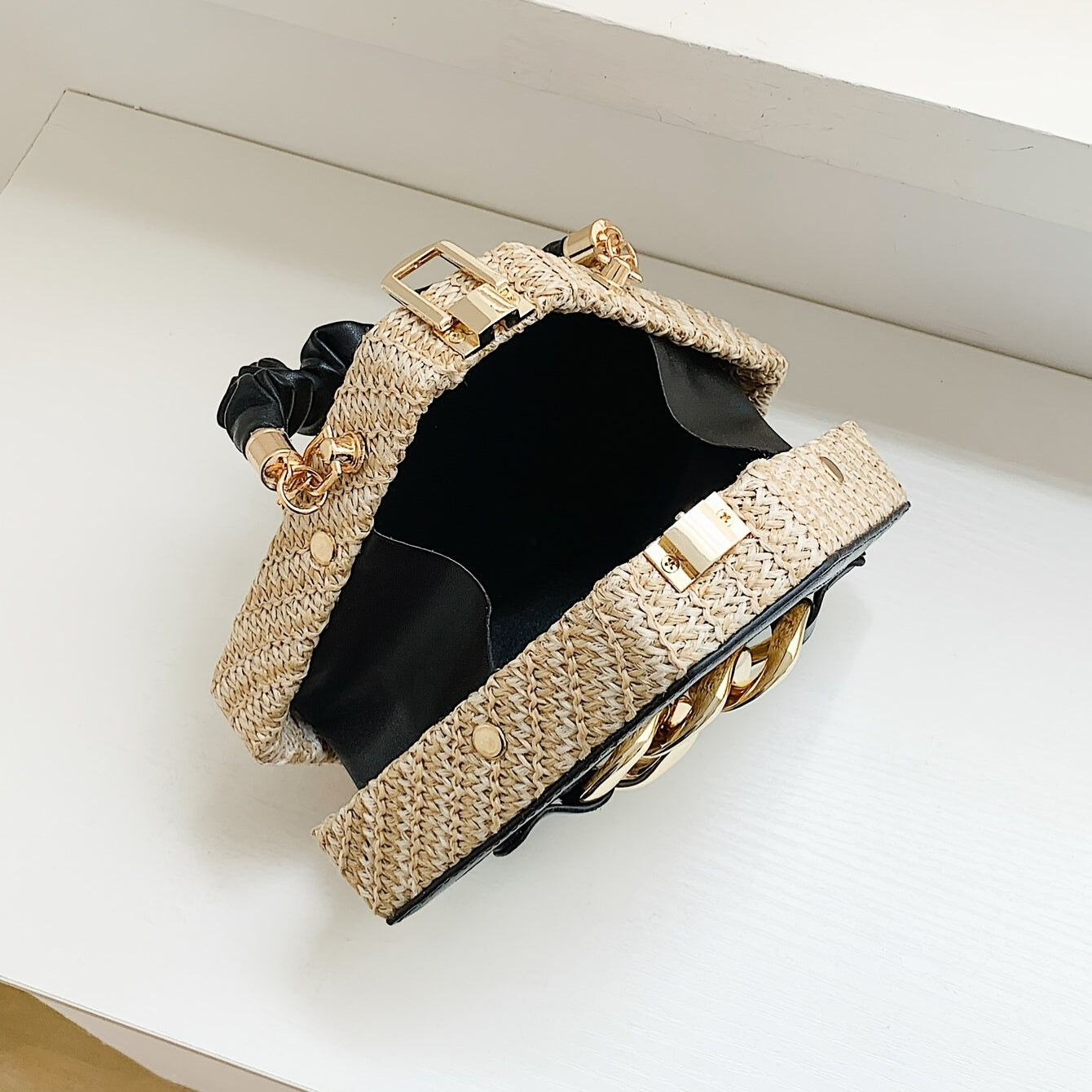 Straw Box Bag Chain Shoulder Top Handle Purse