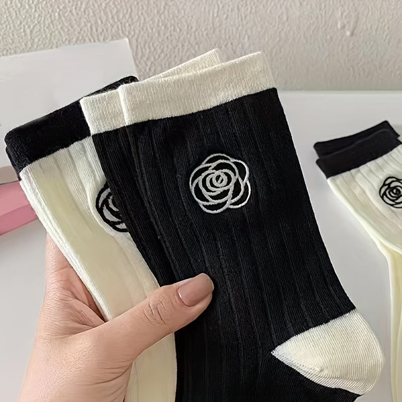 5 Pairs Floral Print Socks Comfy & Breathable Women's Mid Tube Stockings