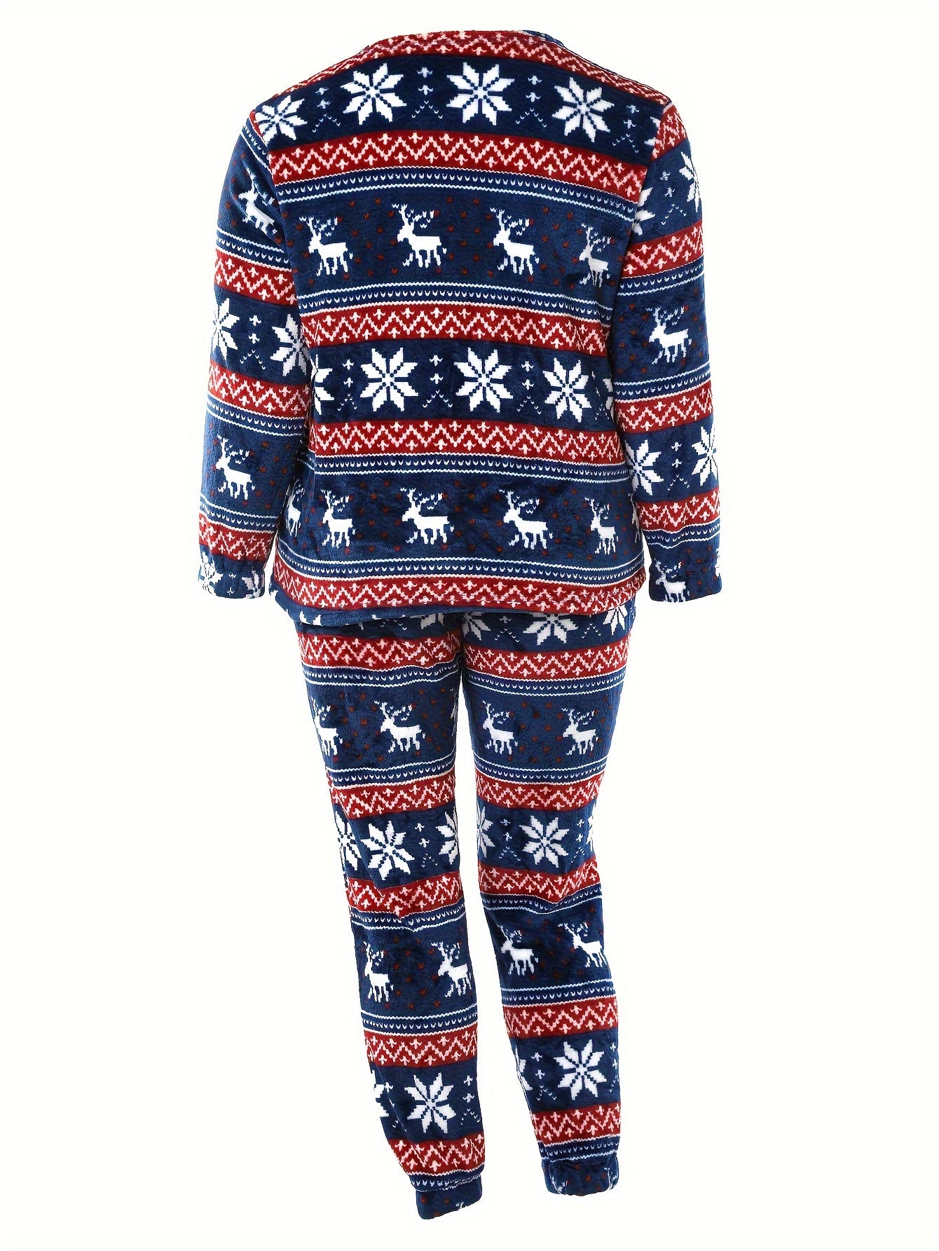  Christmas Loungewear Set Women's Plus Geo Snowflake & Elk Print Flanne