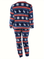 Christmas Loungewear Set Women's Plus Geo Snowflake & Elk Print Flanne