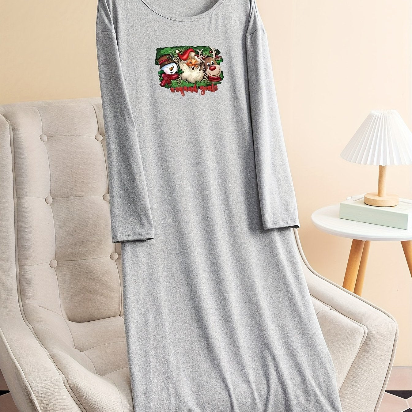  Christmas Lounge Dress Women's Plus Snowman & Santa Print Long Sleeve