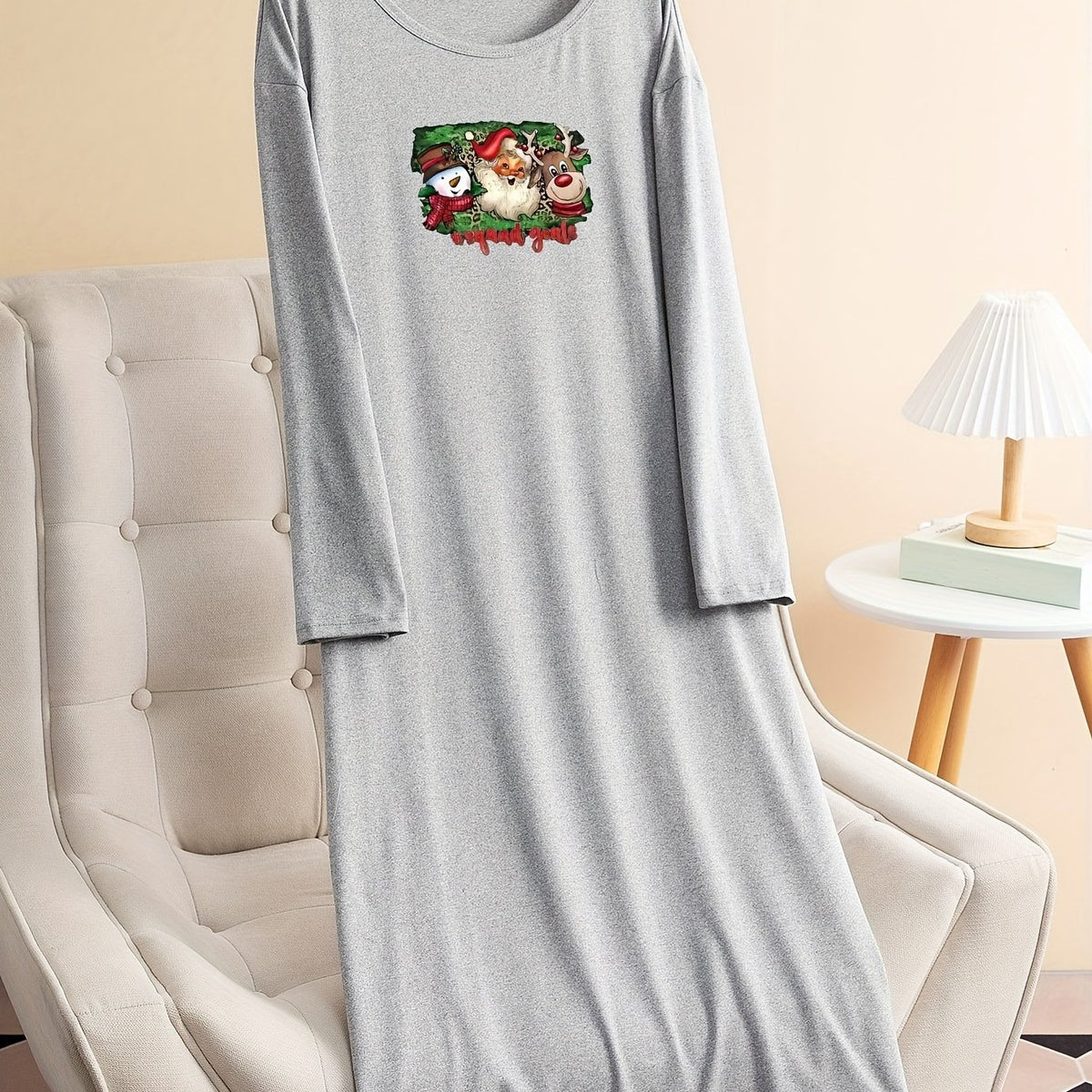  Christmas Lounge Dress Women's Plus Snowman & Santa Print Long Sleeve