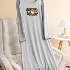  Christmas Lounge Dress Women's Plus Snowman & Santa Print Long Sleeve