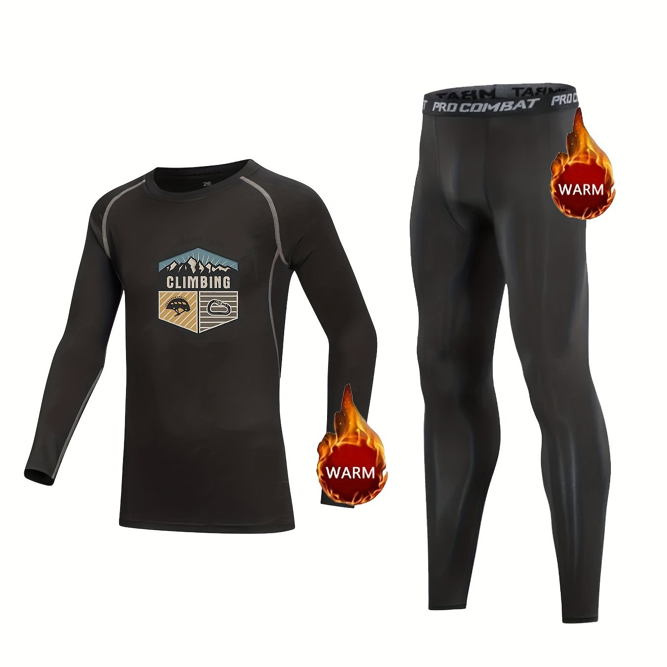 Kids Compression Fleece Set Climbing Pattern Crew Neck Pullover Matching Pants