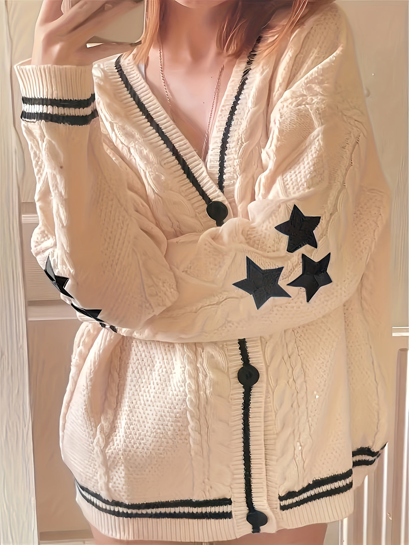 Women's Plus Star Print Cable Button Cardigan