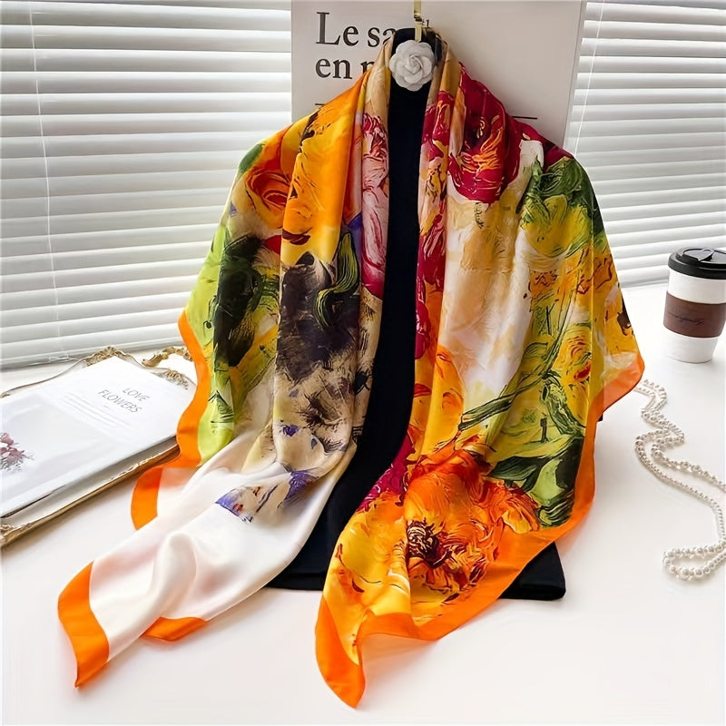 Oil Painting Print Square Scarf Silk Shawl Women Head Wrap Sunscreen
