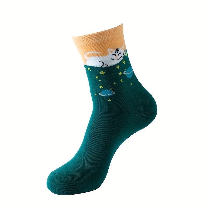 Moon & Cat Print Socks Soft Mid Tube Women's Stockings