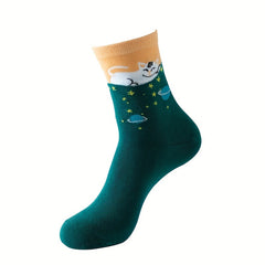 Moon & Cat Print Socks Soft Mid Tube Women's Stockings