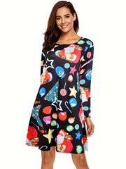  Christmas Dress Women's Plus Santa Claus Print Long Sleeve Round Neck