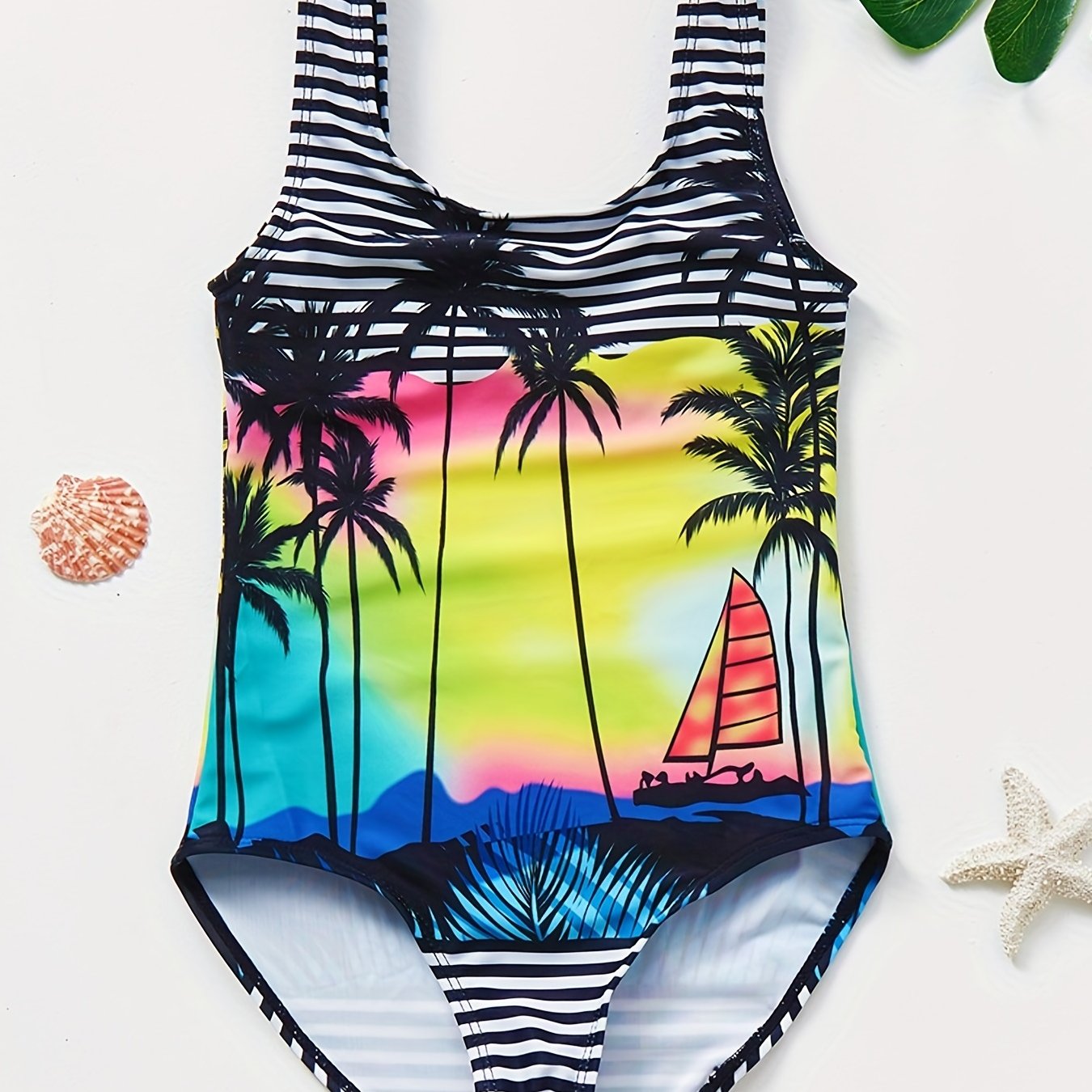 Girls Swimsuit One Piece Tankini Coconut Tree Landscape Print Quick Dry