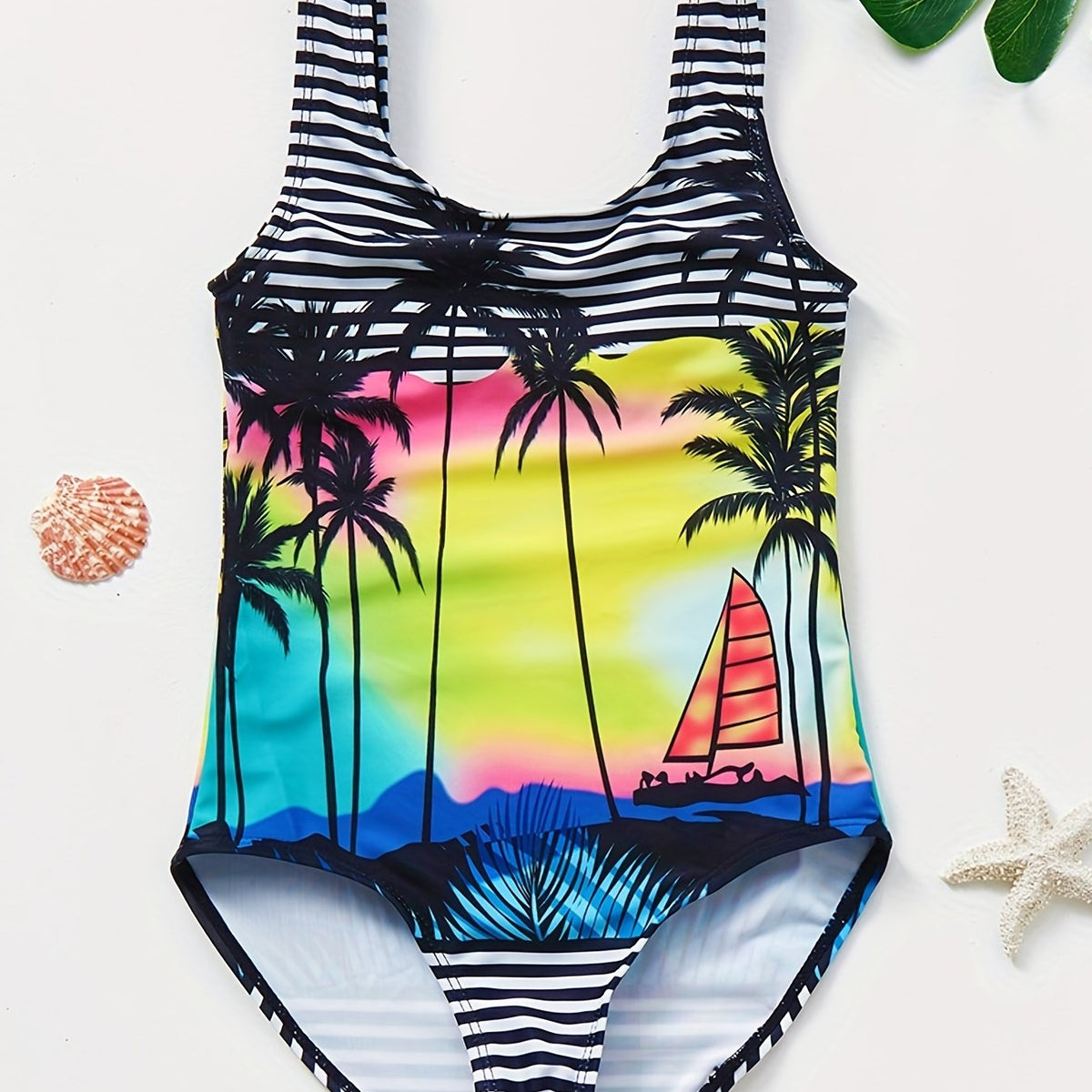 Girls Swimsuit One Piece Tankini Coconut Tree Landscape Print Quick Dry