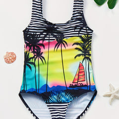 Girls Swimsuit One Piece Tankini Coconut Tree Landscape Print Quick Dry