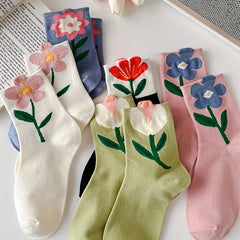 5 Pairs Floral Print Socks Women Comfy & Breathable Mid Tube Stockings