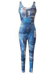 Denim Print Slim Tank Jumpsuit Women's Clothing