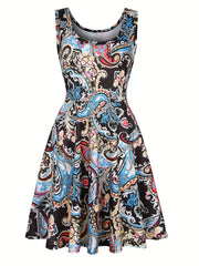  Casual Tank Dress Women's Plus Graphic Print Round Neck Medium Stretch