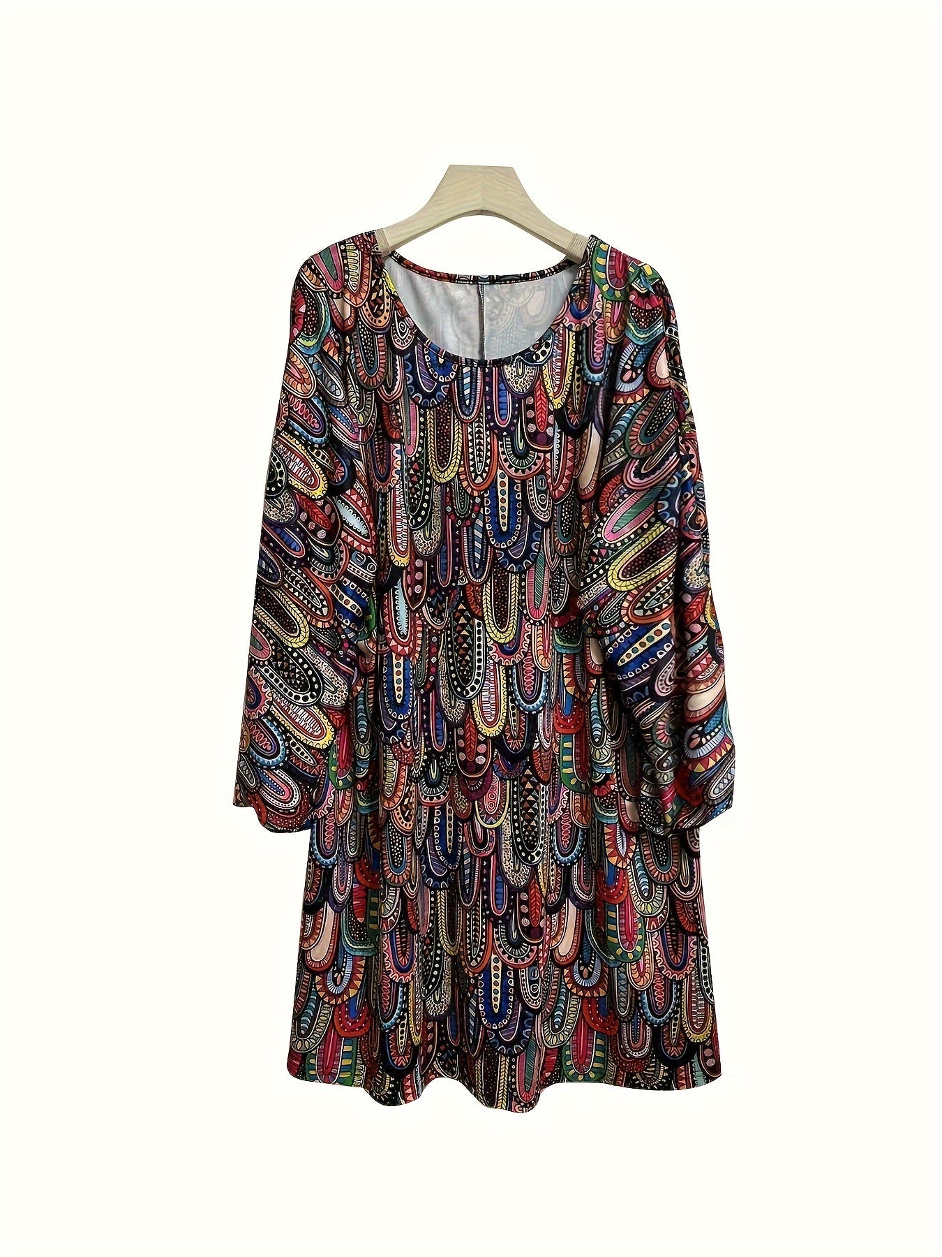  Boho Dress Women's Plus Allover Paisley Print Long Sleeve Dress