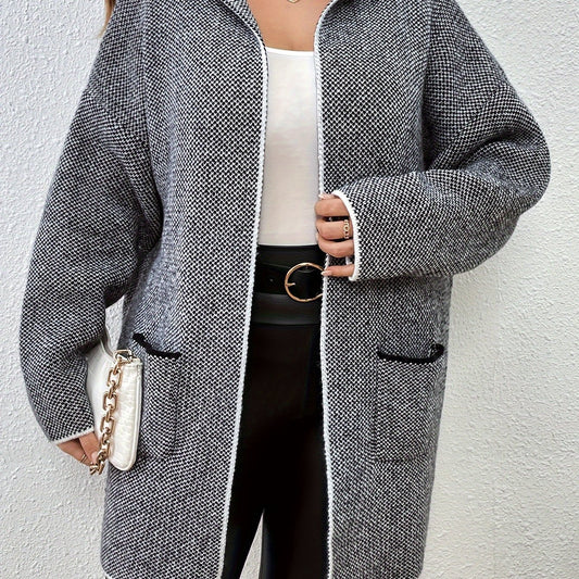  Colorblock Open Front Hooded Cardigan