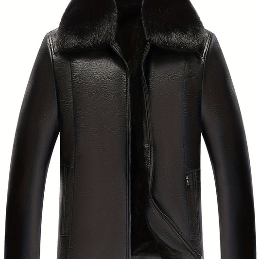 Men's Fleece PU Jacket Solid Zip-Up Fur Collar Faux Leather Fall Winter