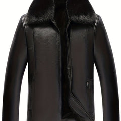 Men's Fleece PU Jacket Solid Zip-Up Fur Collar Faux Leather Fall Winter
