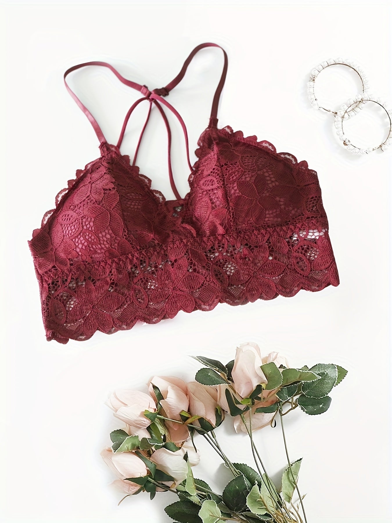 Floral Lace Wireless Bra Comfy Scallop Trim Bralette