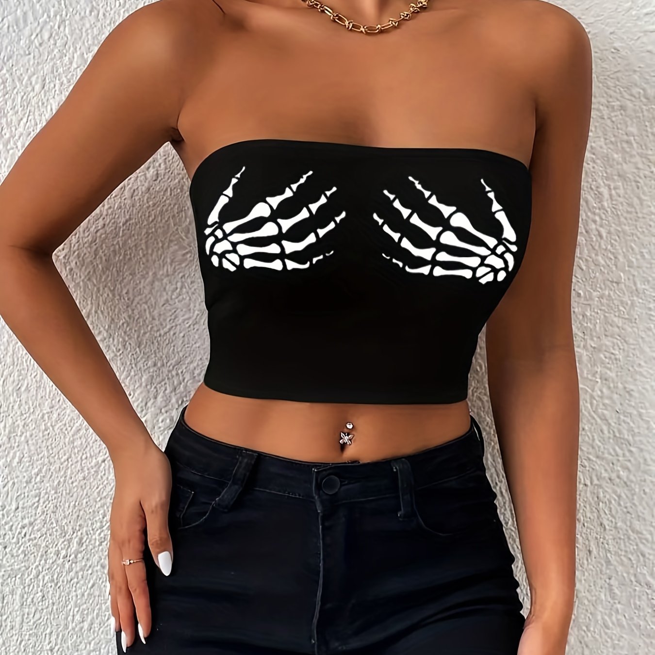 Skeleton Hand Print Crop Tube Top Women's Clothing