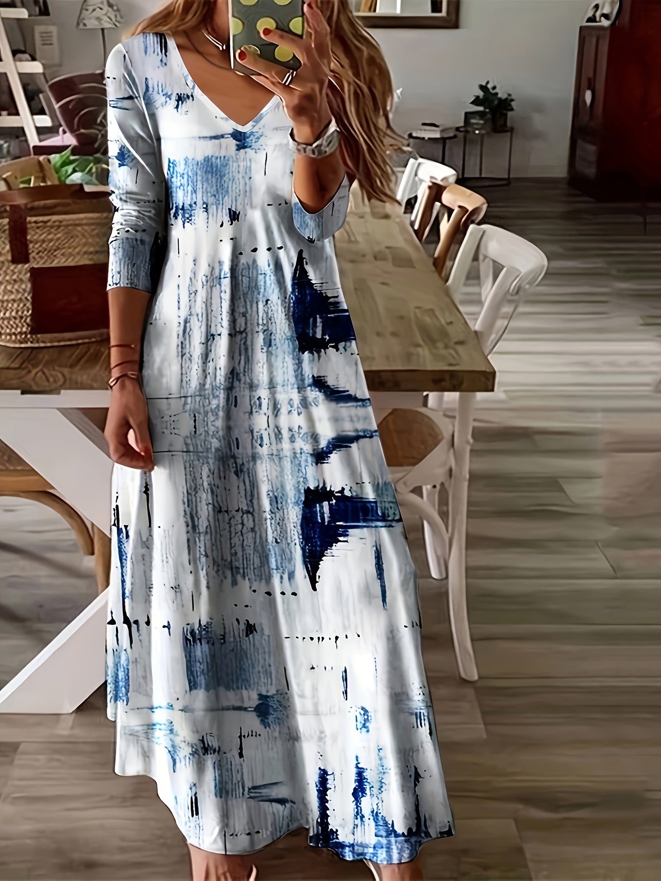  Tie Dye Long Sleeve V Neck Midi Dress