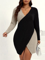  Colorblock Surplice Neck Stretch Dress