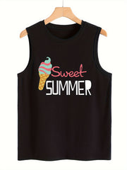 Ice Cream & Letter Pattern Sports Vest Sleeveless Casual Top Women's Activewear