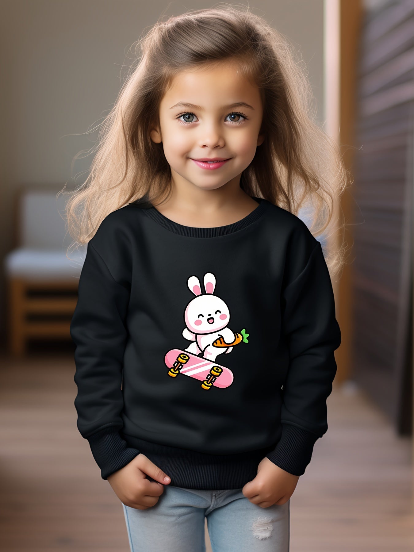 Girls Rabbit Pattern Crew Neck Long Sleeve Sweatshirt