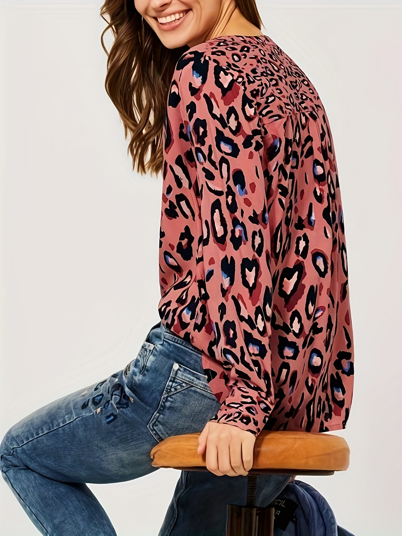  Leopard Print Notched Neck Top