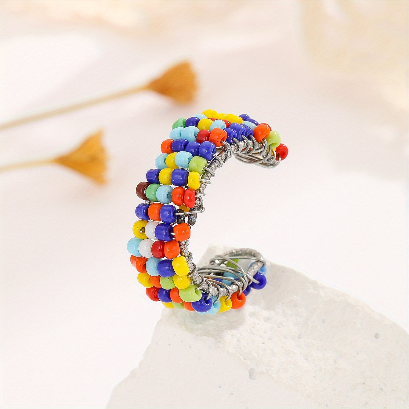 Boho Style Silver Ring with Colorful Beads - Adjustable Anti-Anx