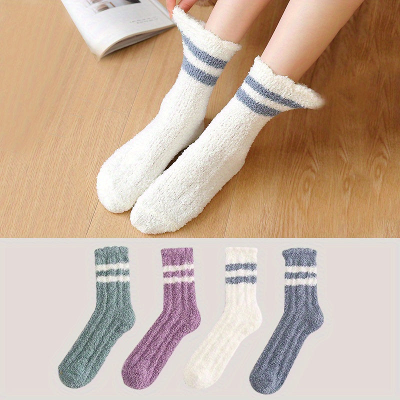 4 Pairs Fuzzy Striped Mid Tube Socks for Women