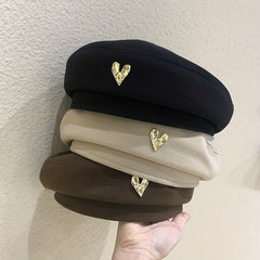 Metal Heart Label Beret Solid Beret Cap