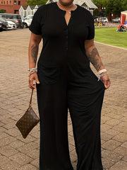  Button Up Short Sleeve Wide Leg Jumpsuit