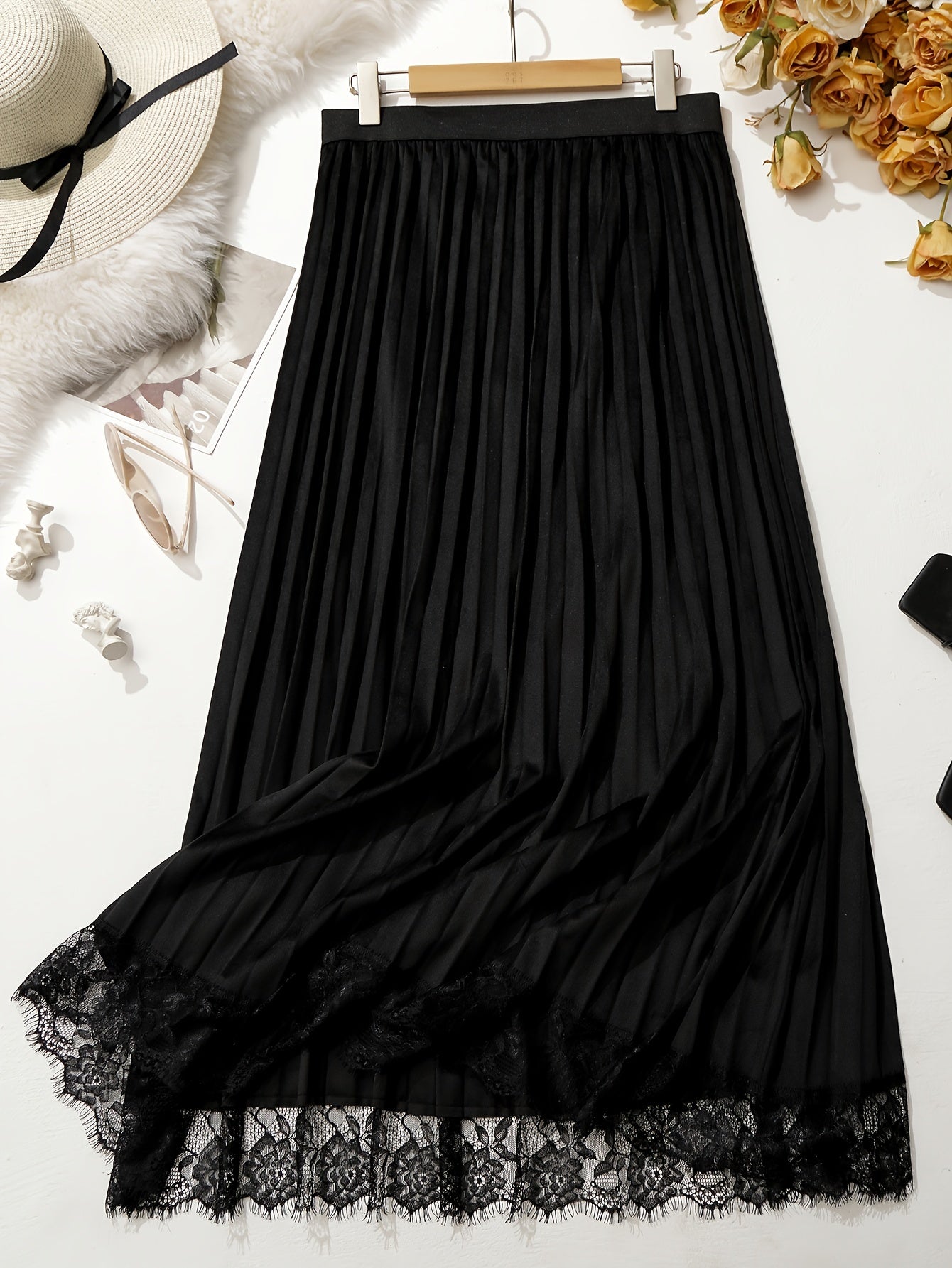  Lace Trim Maxi Skirt High Rise Elastic Waist