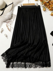  Lace Trim Maxi Skirt High Rise Elastic Waist