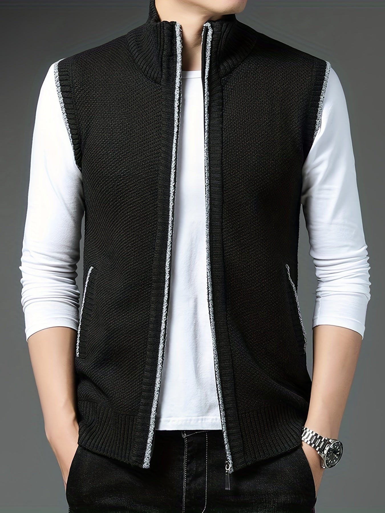 Vintage Style Stand Collar Zip Up Cardigan Vest