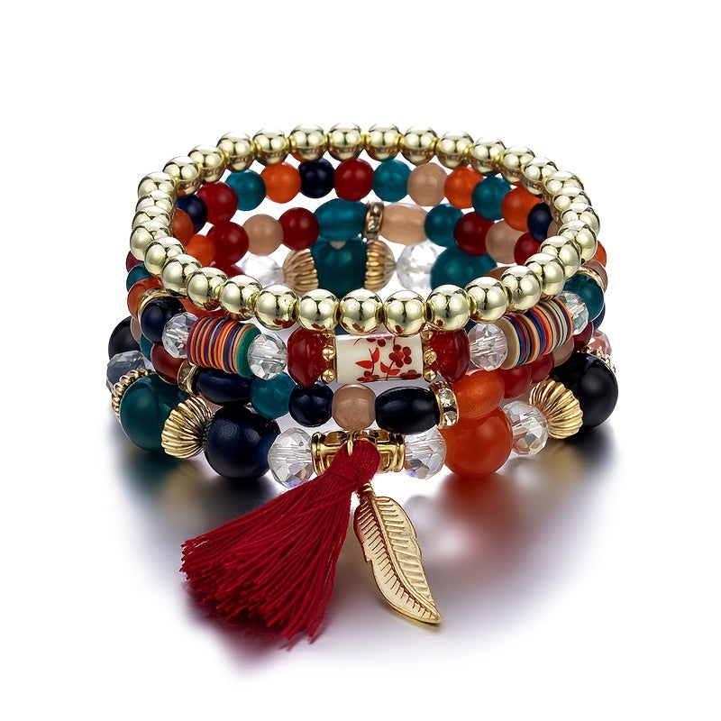 Bohemia Beaded Bracelets Tassels & Leaves Pendant Vintage Bracelet Set