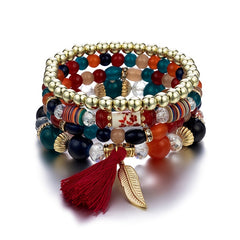 Bohemia Beaded Bracelets Tassels & Leaves Pendant Vintage Bracelet Set